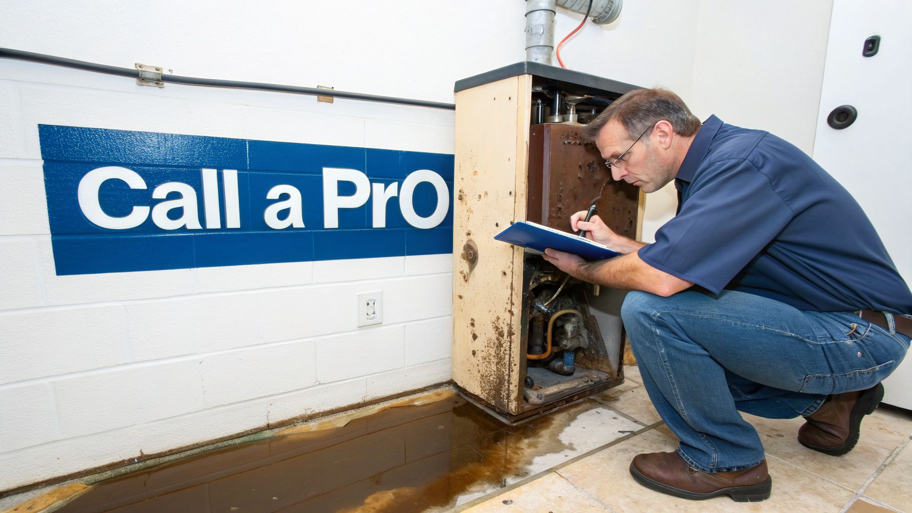 A professional inspects a rusty, leaking water heater with a brown puddle, next to a 'Call a Pro' sign.