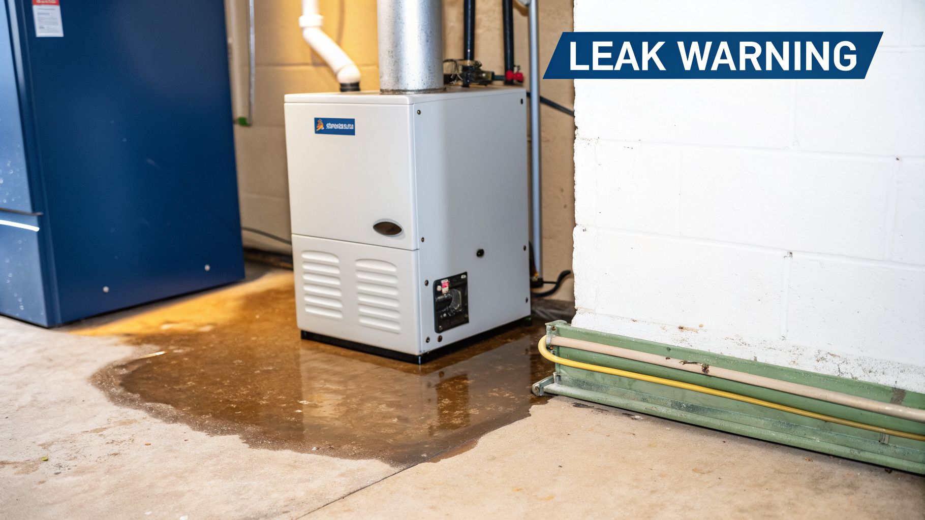 A white furnace actively leaks water onto a concrete basement floor, with a 'LEAK WARNING' overlay.