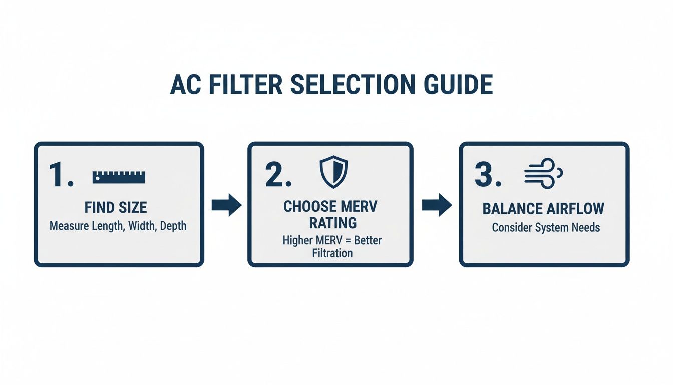 A comprehensive guide illustrating three steps for selecting an AC filter: find size, choose MERV rating, and balance airflow.