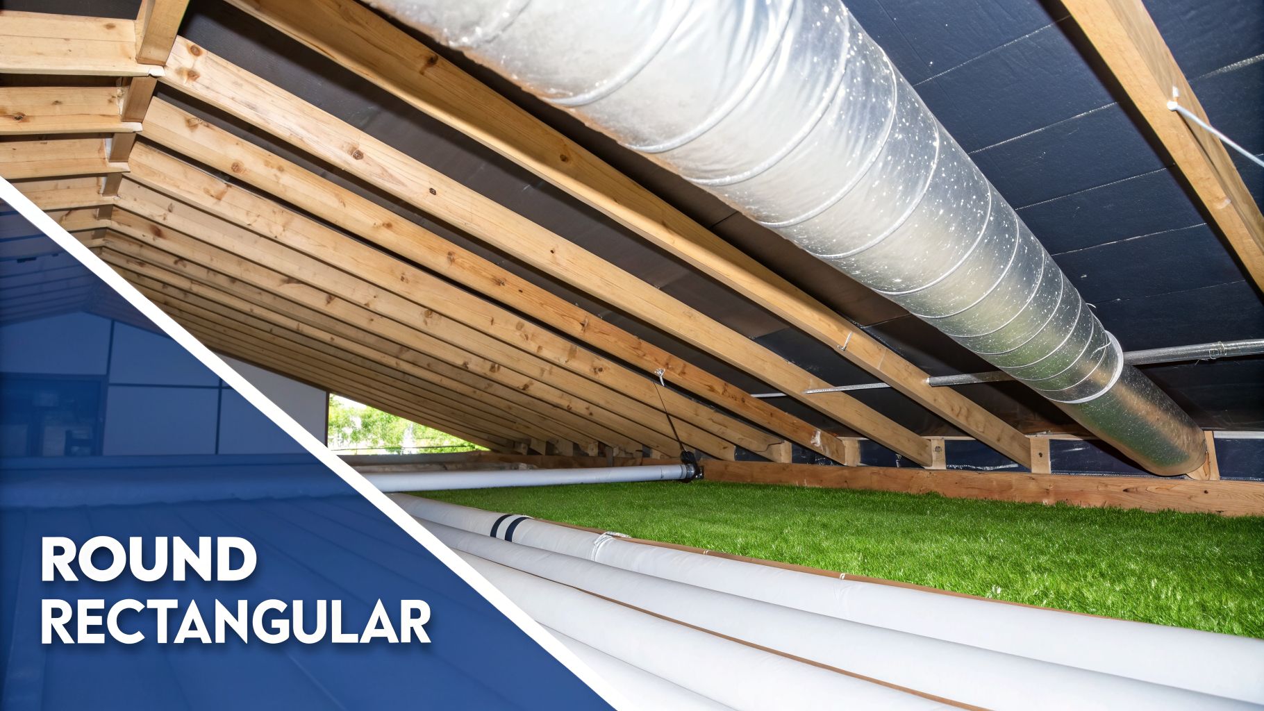 Attic space with round metallic ductwork, exposed wooden rafters, and green artificial turf floor.