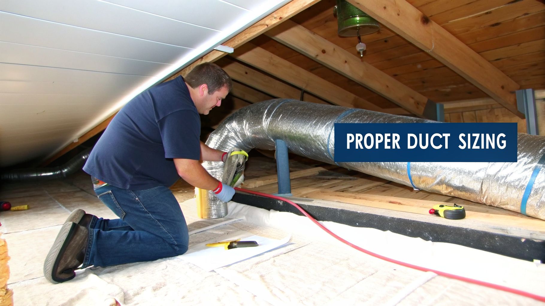 A technician in gloves is working on a large, insulated HVAC duct in an attic, with the text 'PROPER DUCT SIZING' visible.