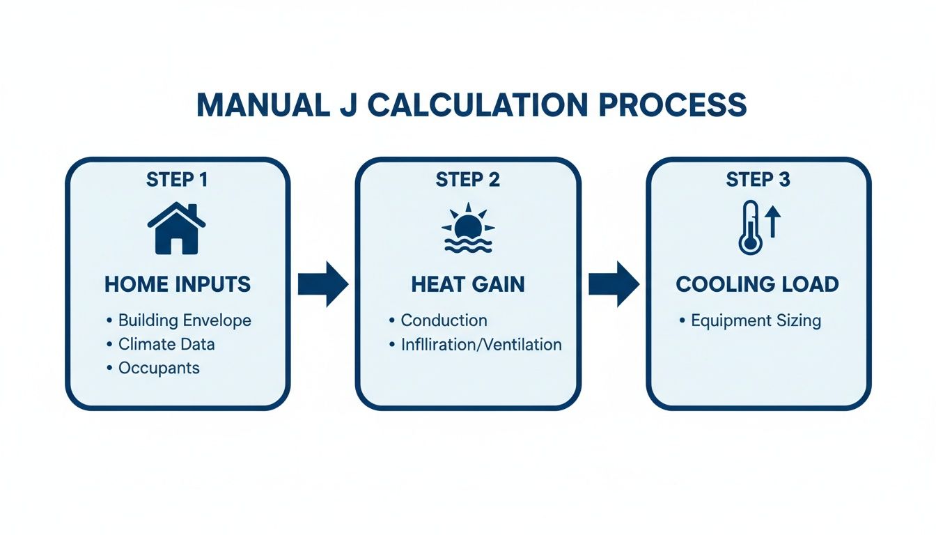 Flowchart detailing the system-sizing reviews process steps: Home Inputs, Heat Gain, and Cooling Load.