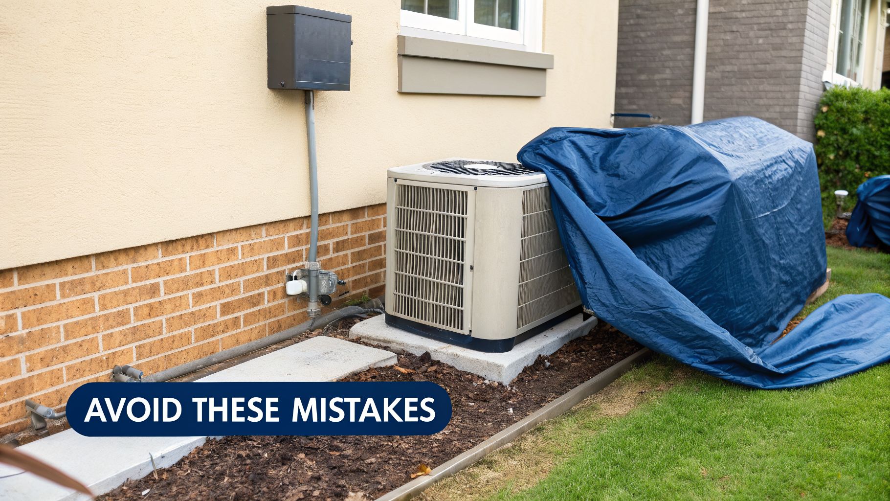 An outdoor air conditioning unit is partially covered with a blue tarp next to a house wall.