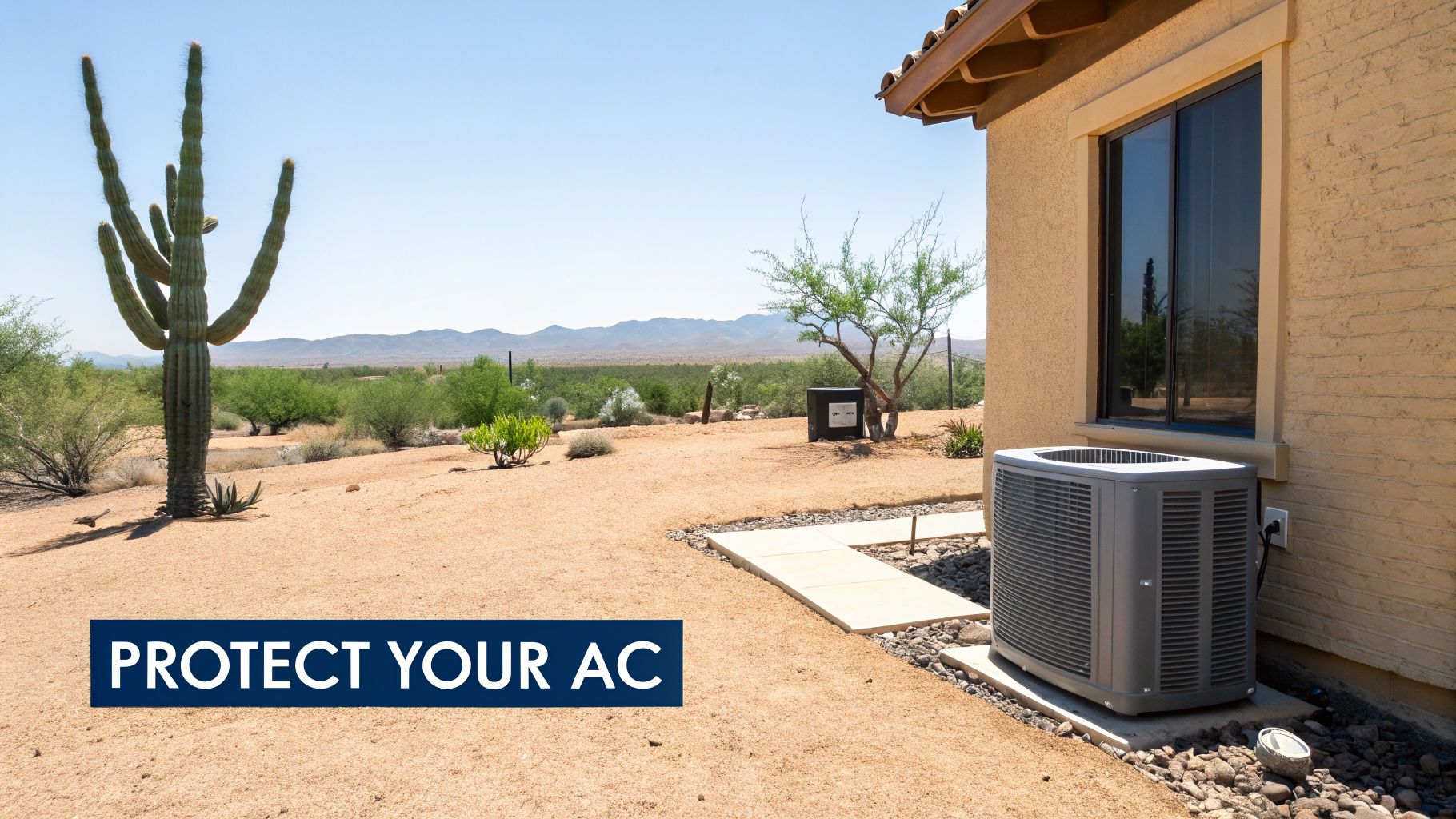 An AC unit outside a desert home, surrounded by gravel and sand, with a large saguaro cactus and mountains in the background.