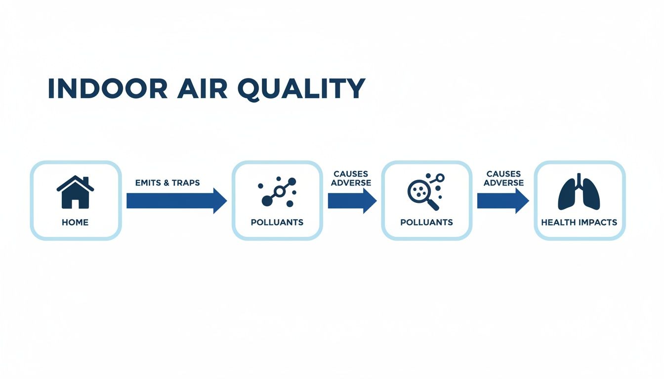 Flowchart illustrating how homes emit and trap pollutants, leading to adverse health impacts from indoor air quality.