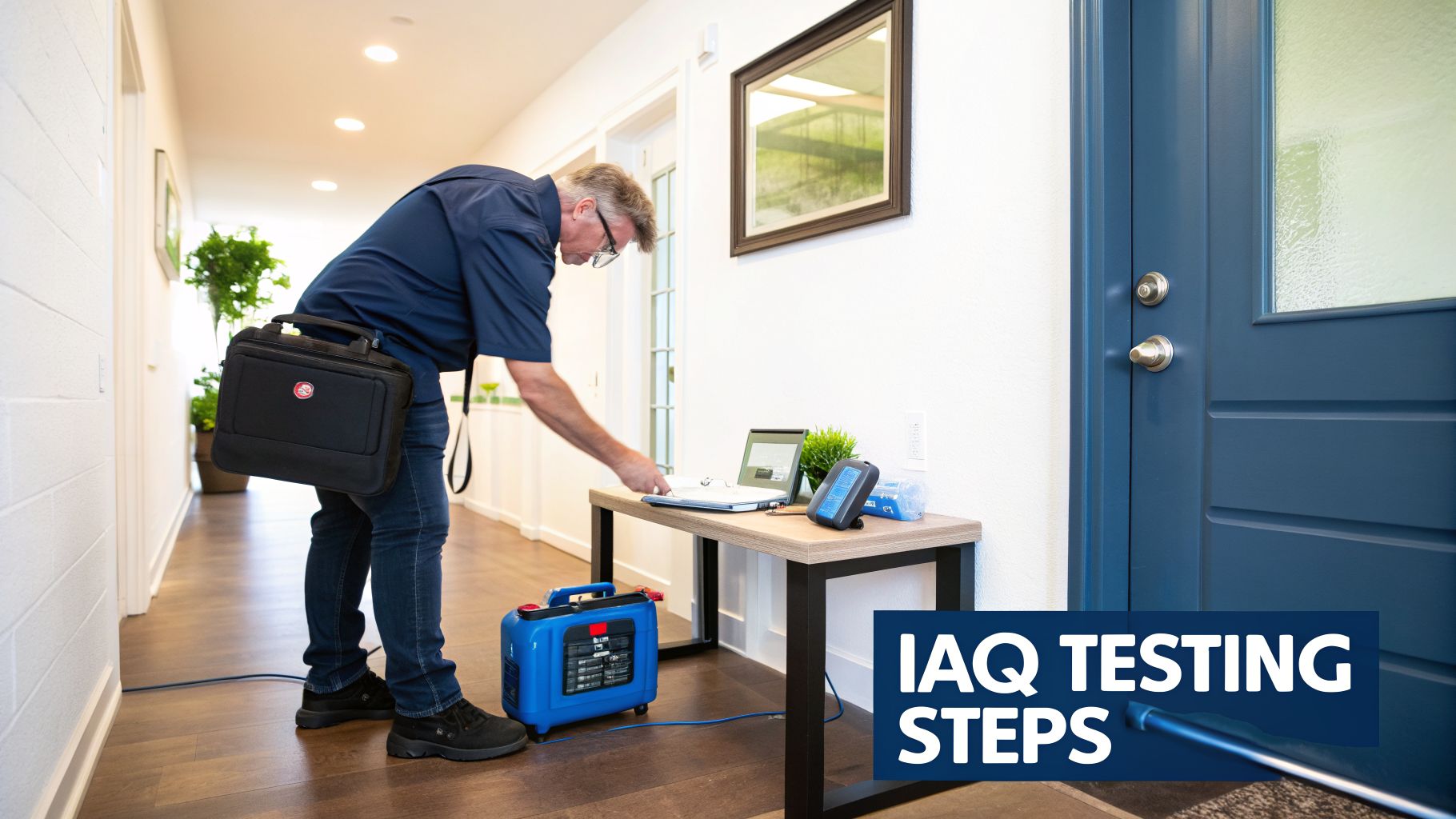 Man in a blue shirt setting up equipment for indoor air quality testing in a modern hallway.