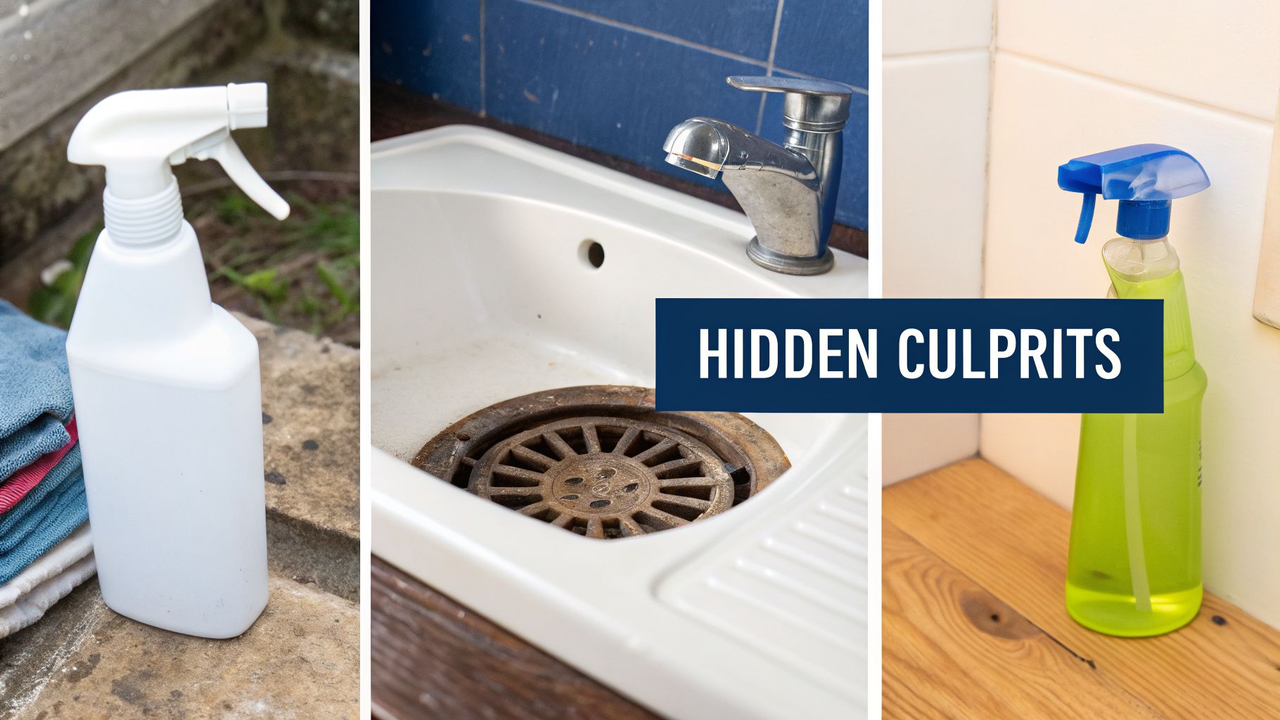Three panels showing a white spray bottle, a dirty sink with a rusty drain, and a green spray bottle, with text 'HIDDEN CULPRITS'.