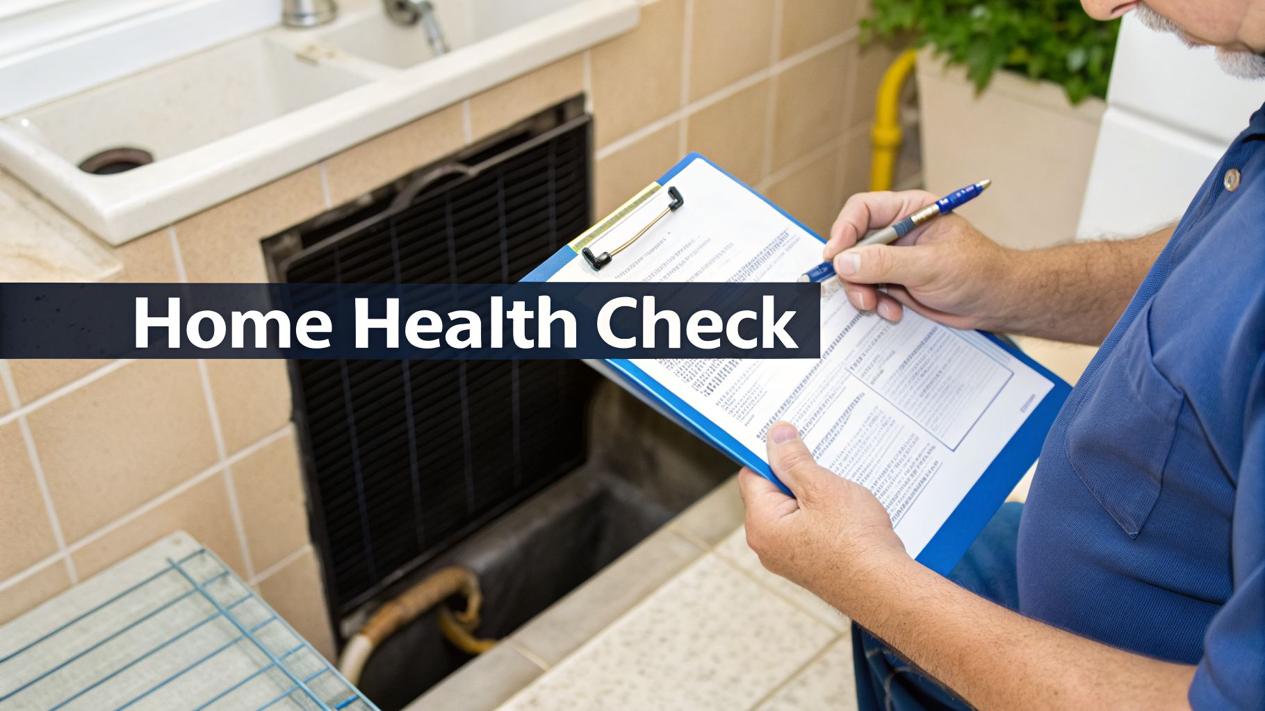 A professional conducts a home health check, examining house systems and taking notes on a clipboard.