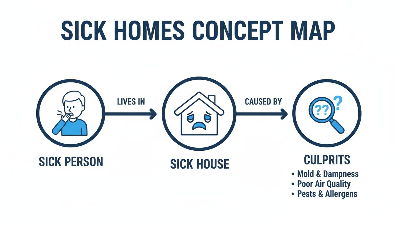 Concept map showing a sick person living in a sick house caused by mold, poor air, and pests.