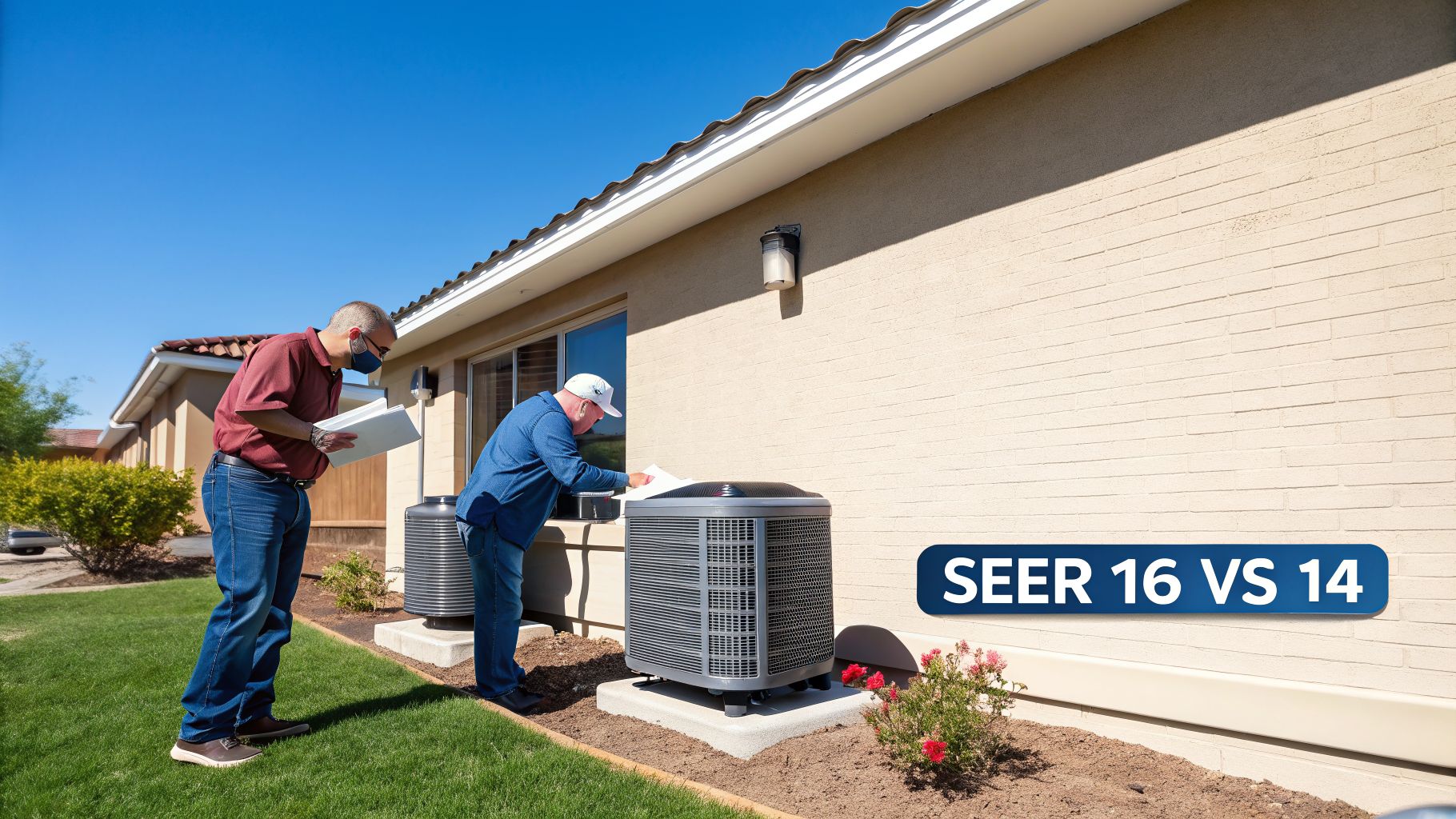 Two technicians inspect outdoor air conditioning units next to a house under a clear blue sky, with a 'SEER 16 VS 14' text overlay.