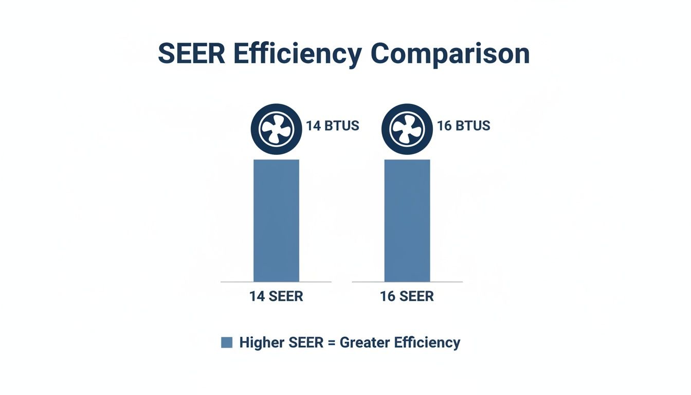 A comparison chart illustrating 14 SEER vs 16 SEER efficiency, showing higher SEER means greater efficiency.
