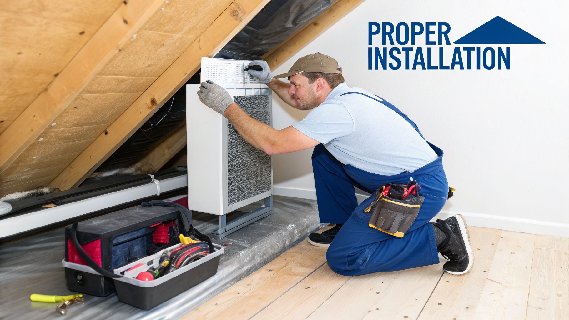 HVAC technician properly installing a new white air conditioner unit in an attic.