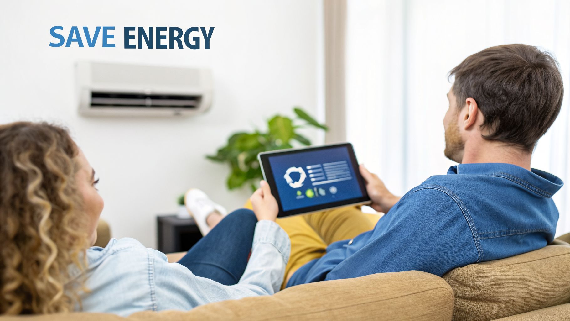 A couple on a couch using a tablet to manage smart home energy, with an air conditioner visible.