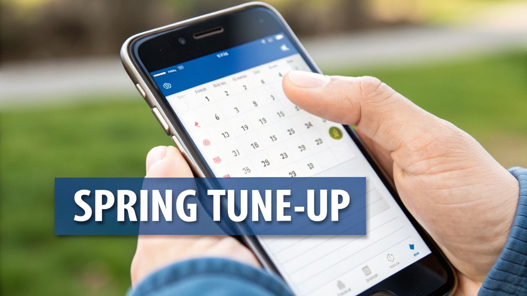 A person holds a smartphone displaying a calendar app with a 'SPRING TUNE-UP' banner.