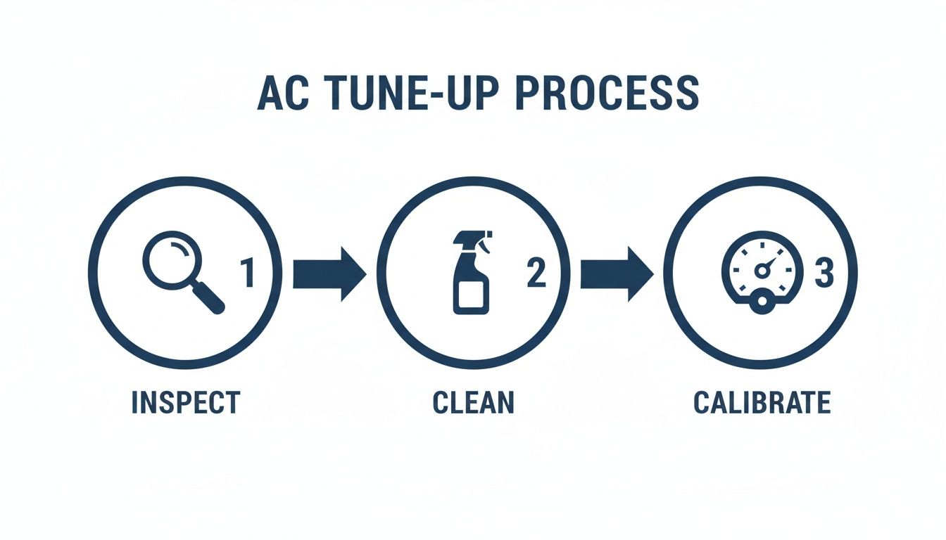An infographic illustrating the three-step AC tune-up process: inspect, clean, and calibrate with icons.