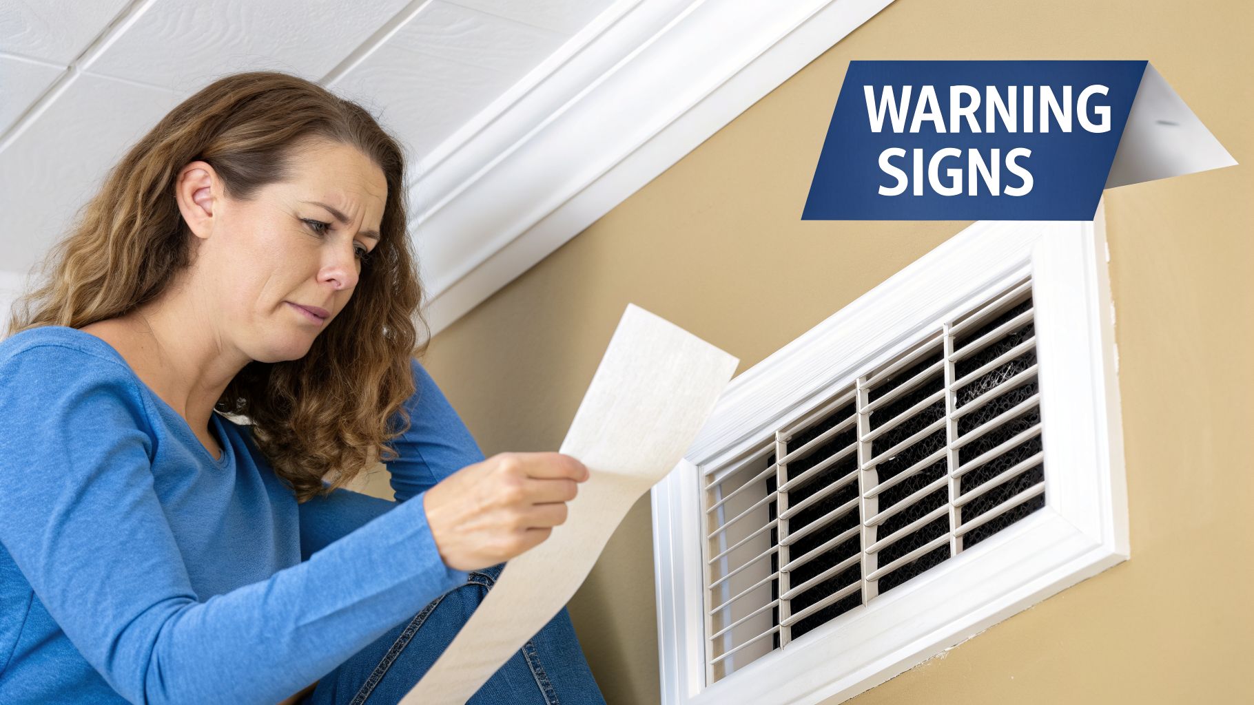 A concerned woman holds a dirty HVAC air filter next to a wall vent, with a 'WARNING SIGNS' banner.