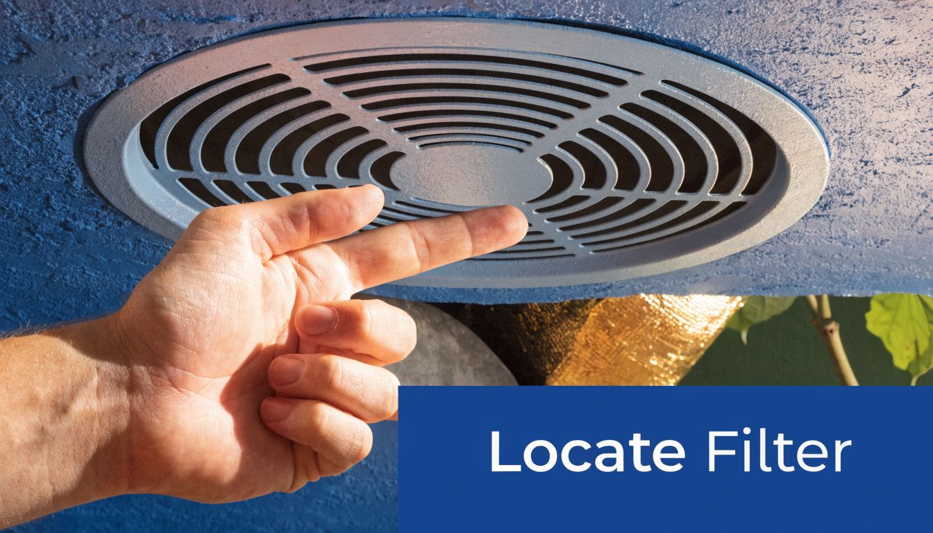 A hand pointing to a circular ventilation grille on a blue ceiling, representing home HVAC system maintenance.