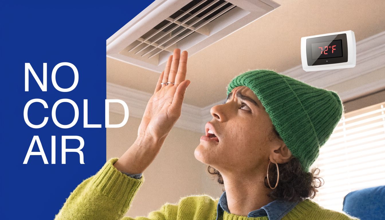 A person looking frustrated while checking for cool air coming from a ceiling HVAC vent.
