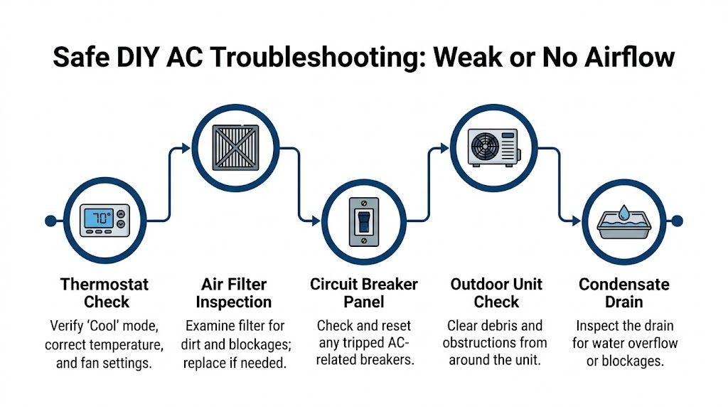 A flow chart illustrating five safe DIY steps for troubleshooting an air conditioner with weak or no airflow.
