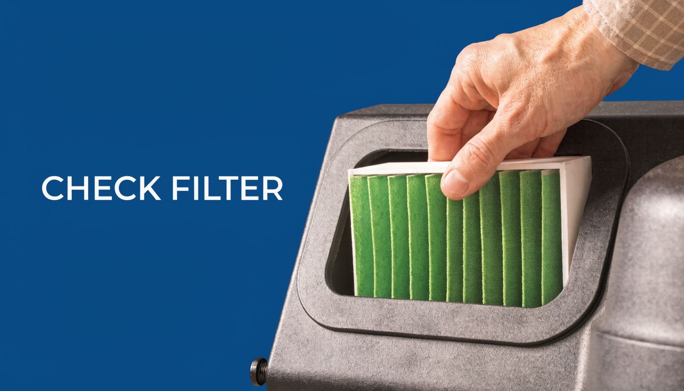 A hand carefully removing a green pleated air filter from an HVAC or air purifier unit.