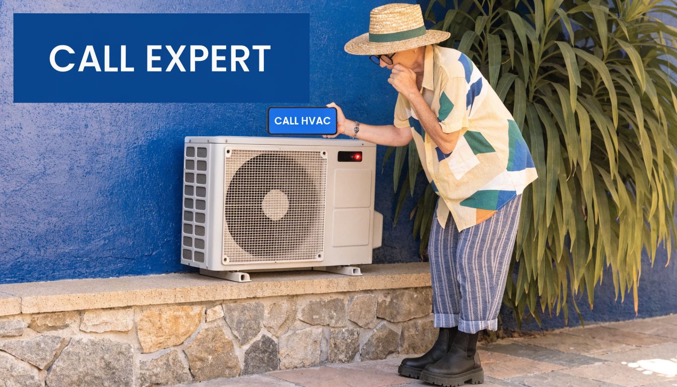 An older woman in a hat examines a home air conditioning unit while holding a phone.