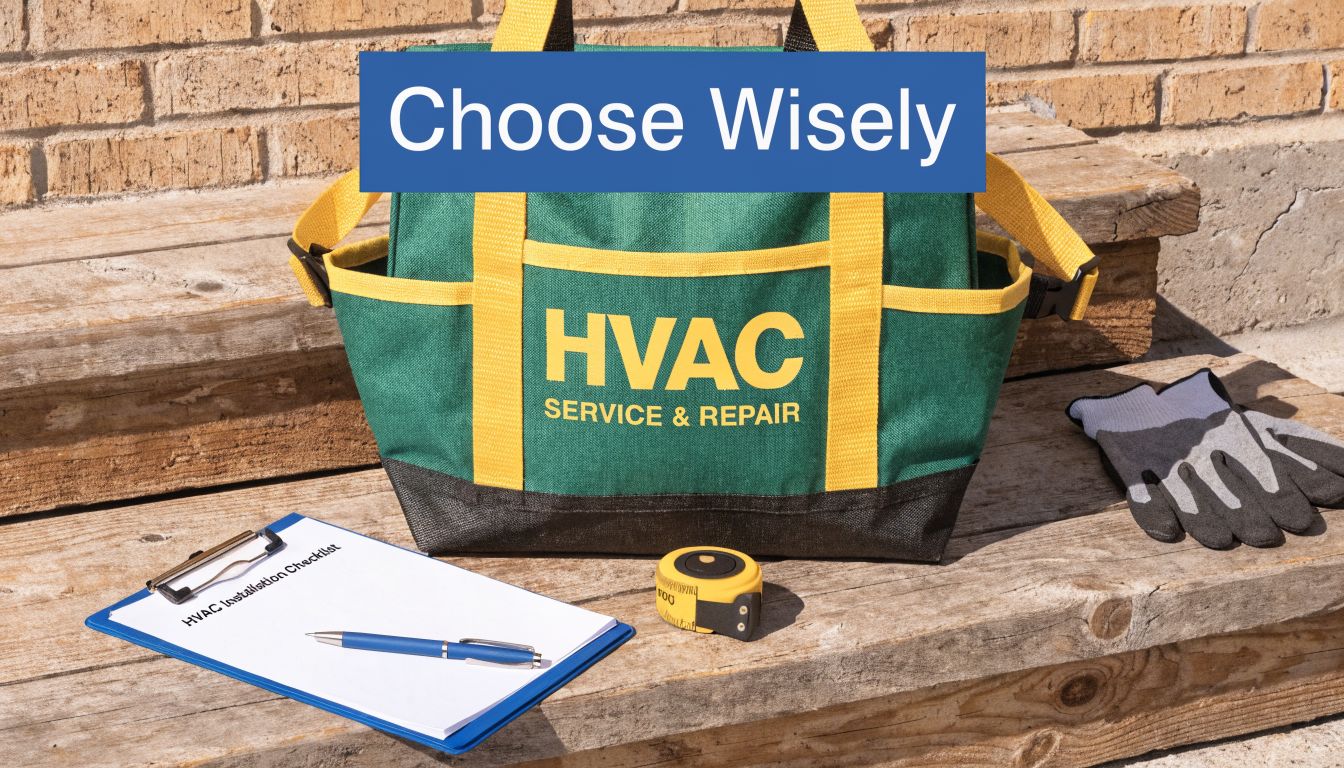 A professional HVAC service bag with a checklist, measuring tape, and work gloves on wooden steps.