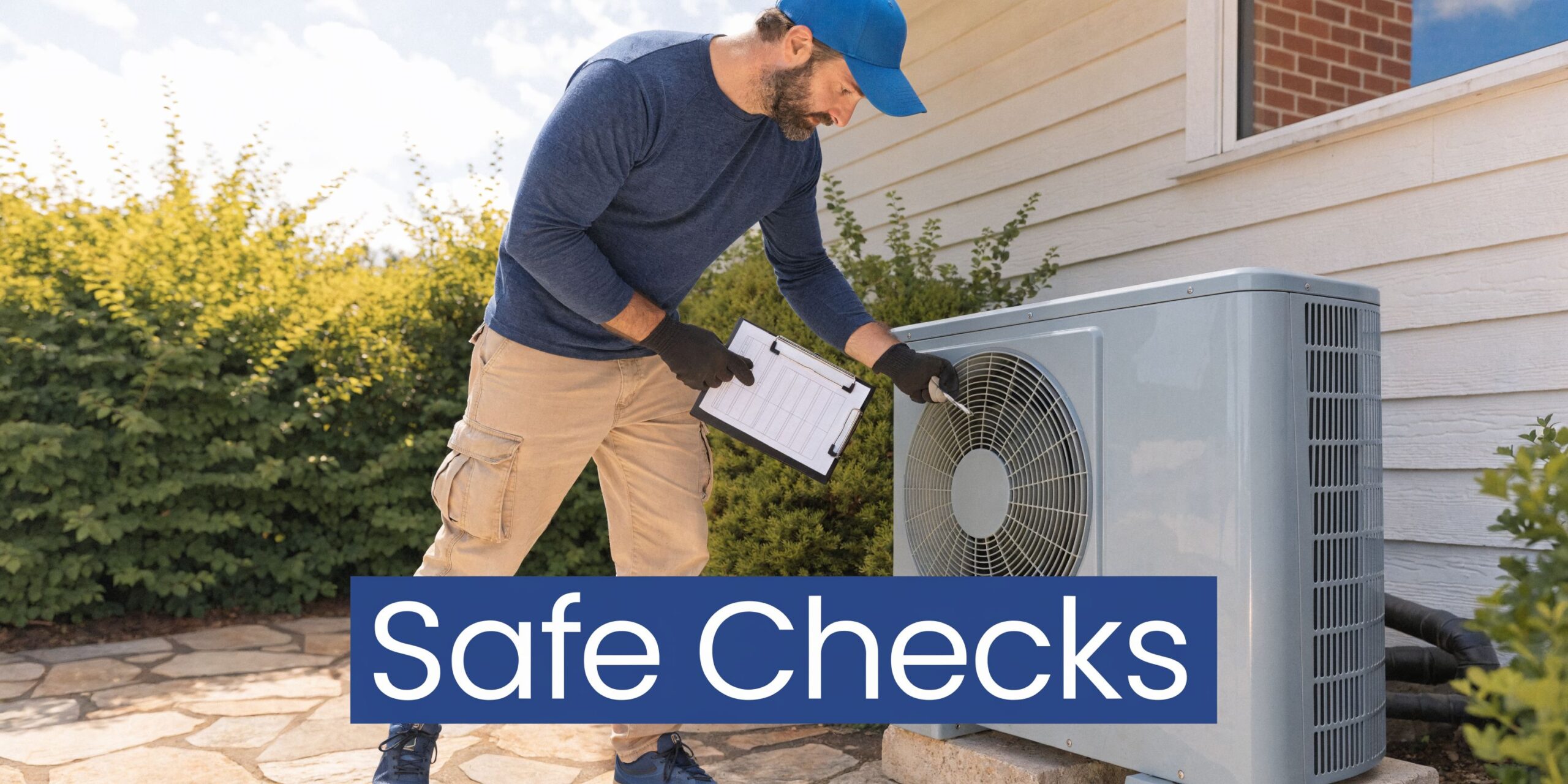 A professional technician wearing gloves and a blue cap inspects an outdoor air conditioning unit with a clipboard.