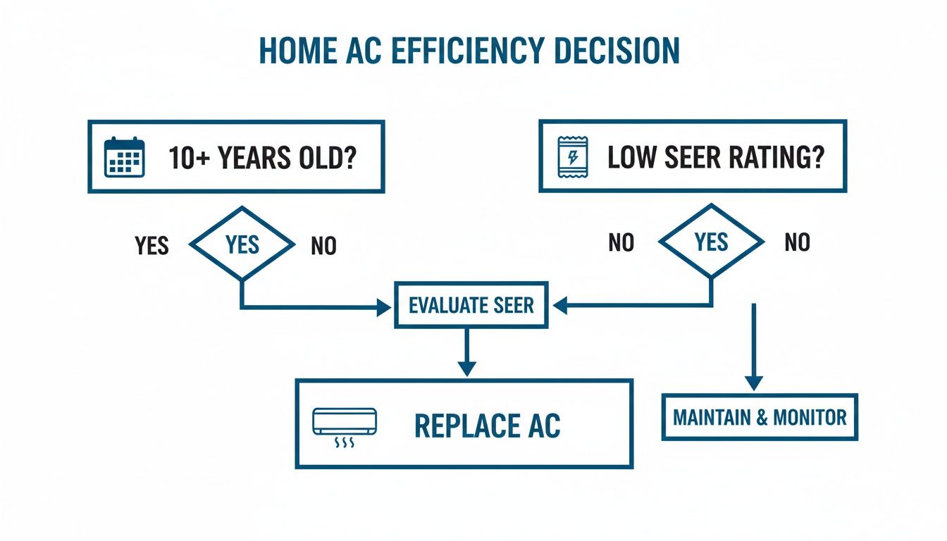 Flowchart guiding decision-making for home AC efficiency based on age and SEER rating.