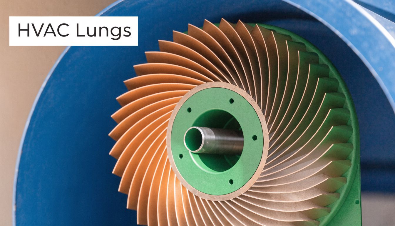 A close-up view of a bronze-colored blower wheel inside a blue HVAC industrial fan housing unit.