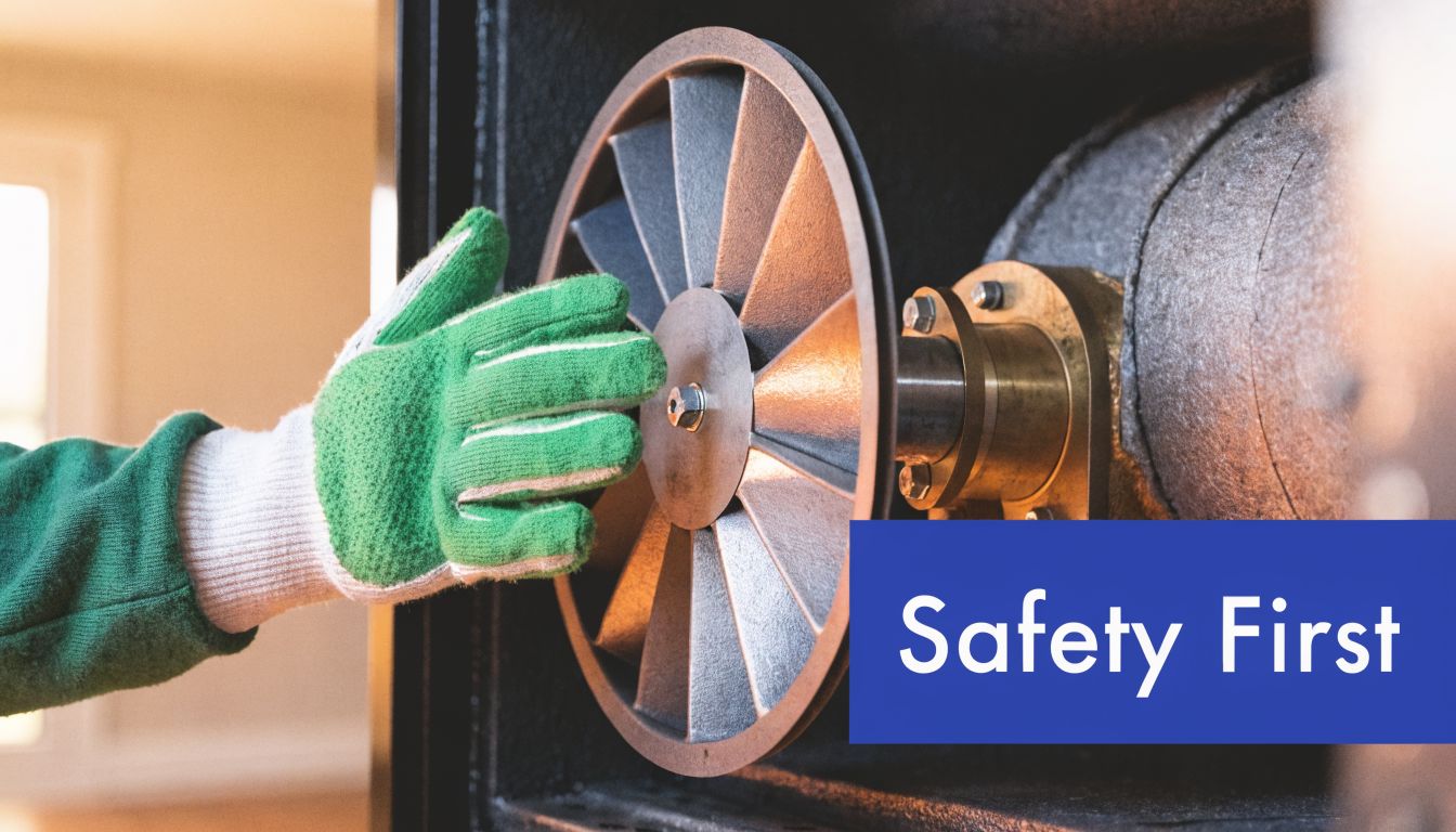 A technician wearing a green work glove touches the metal fan of a furnace blower assembly.