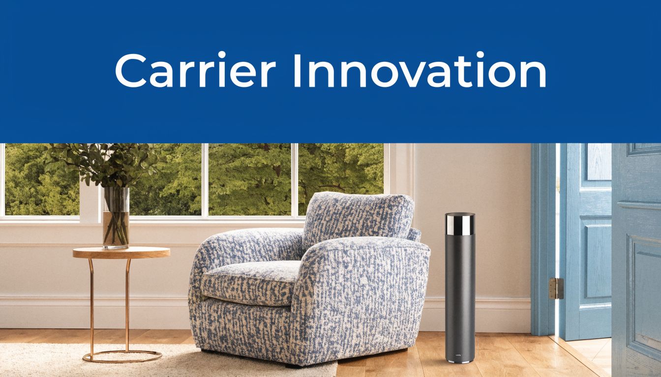 A modern Carrier air purifier standing in a cozy living room next to a patterned armchair.