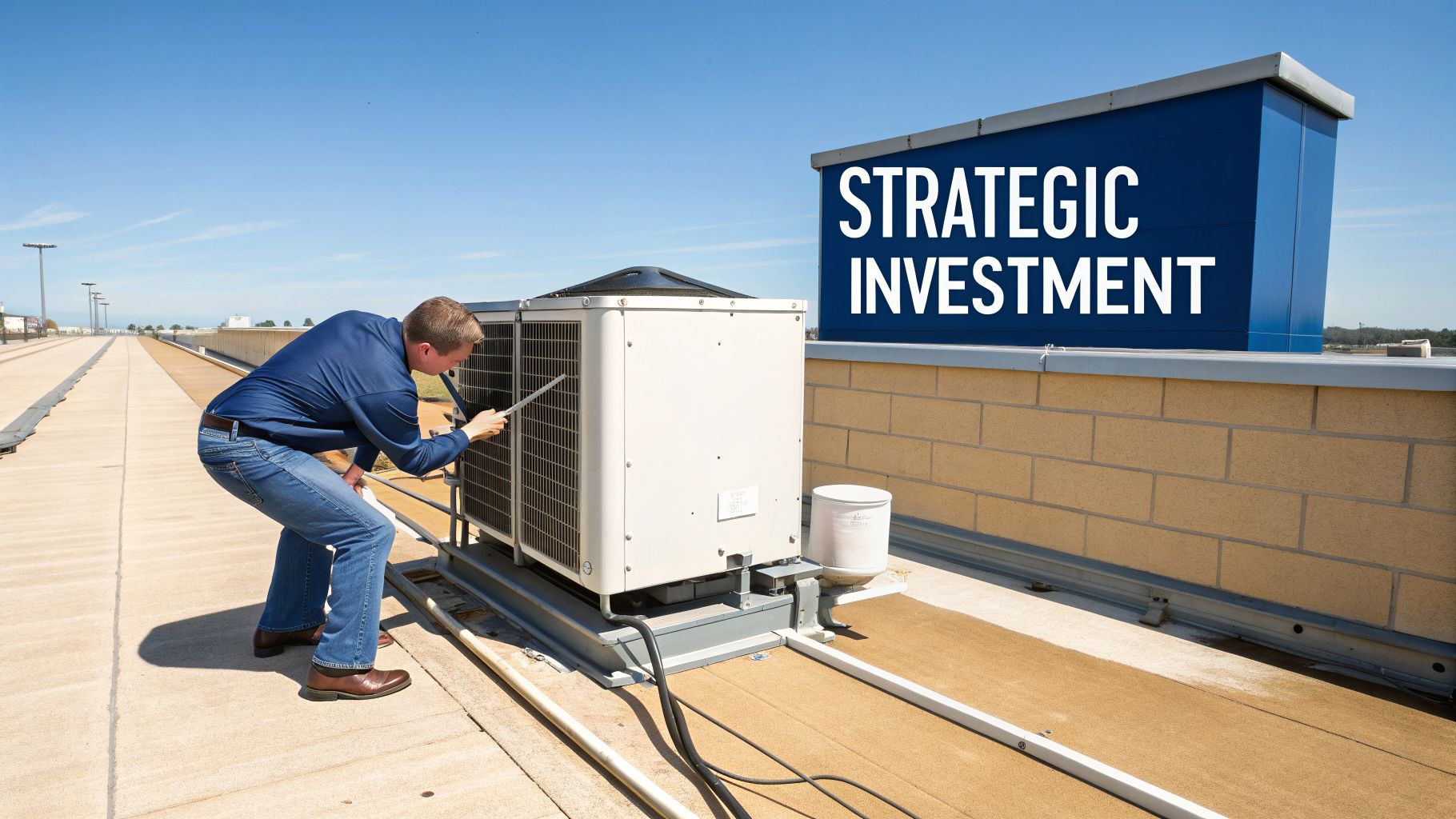 A technician inspects a commercial HVAC unit on a rooftop with a 'STRATEGIC INVESTMENT' sign.