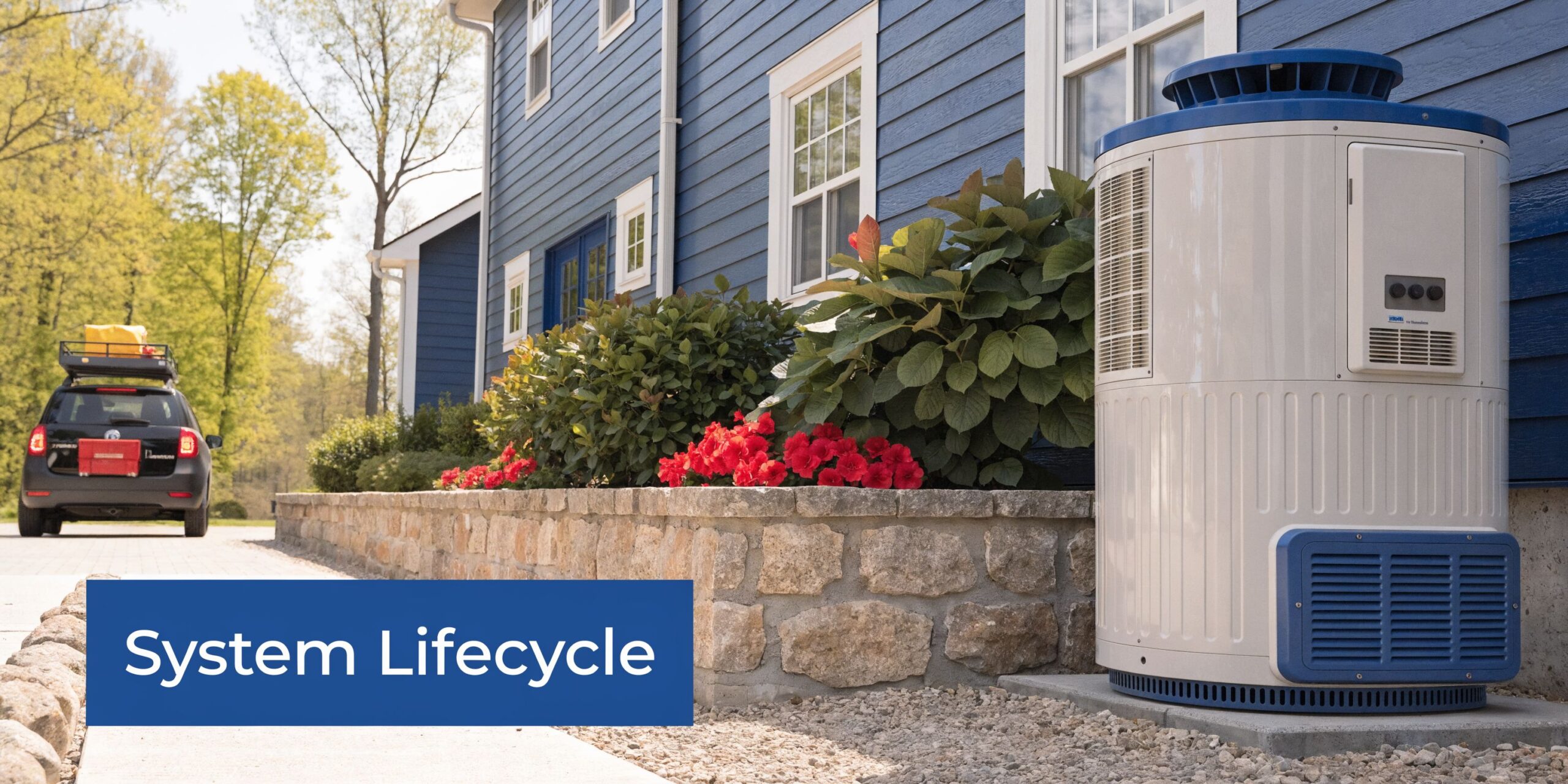 A modern outdoor residential heat pump unit installed next to a blue house with flower beds.
