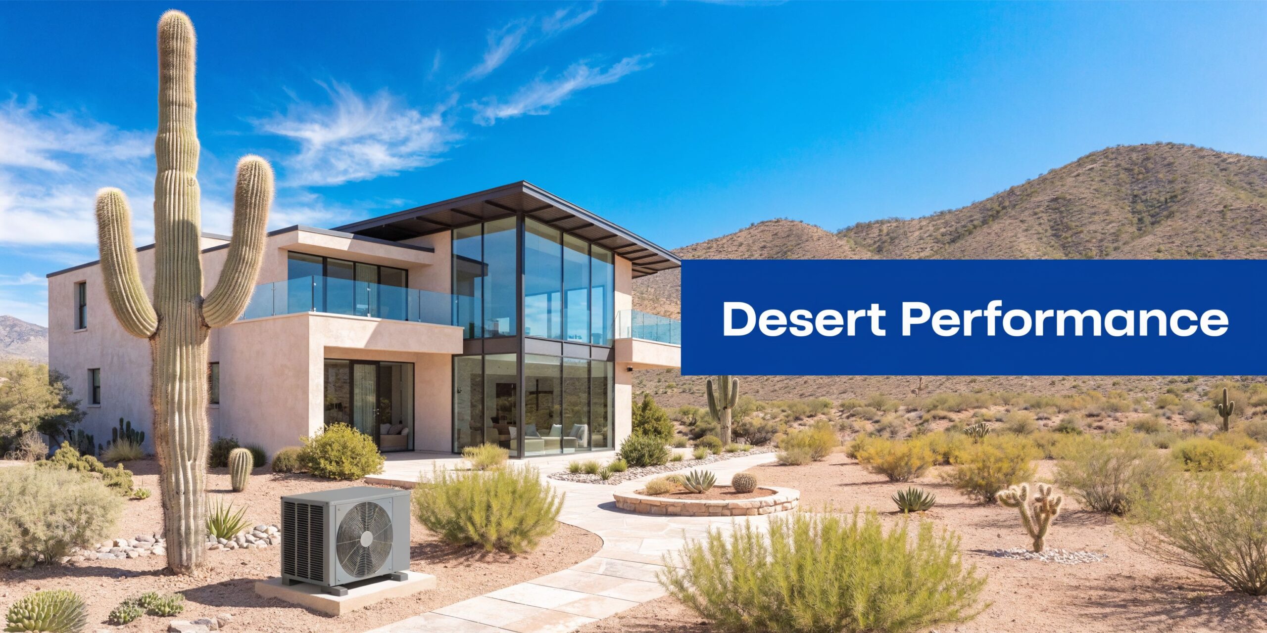 A modern desert home with a heat pump unit installed in the foreground under a clear sky.