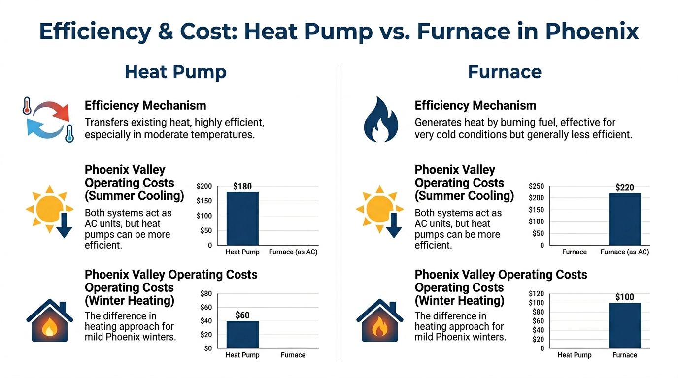 A comparison chart showing the operating cost differences between heat pumps and furnaces in Phoenix, Arizona.