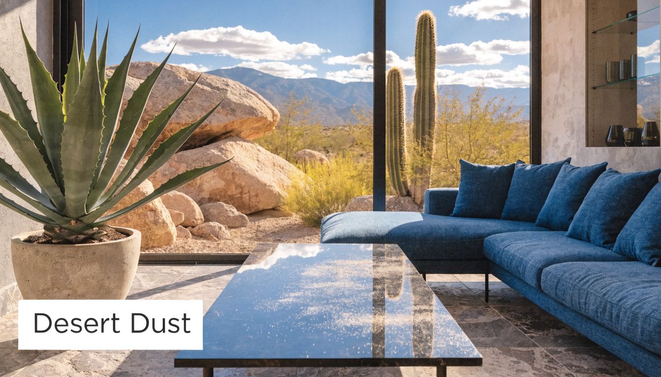 A modern living room with a blue sectional sofa and potted agave plant overlooking a desert landscape.