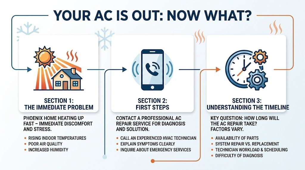 An infographic titled Your AC is Out explaining the steps and timeline for HVAC repair services.