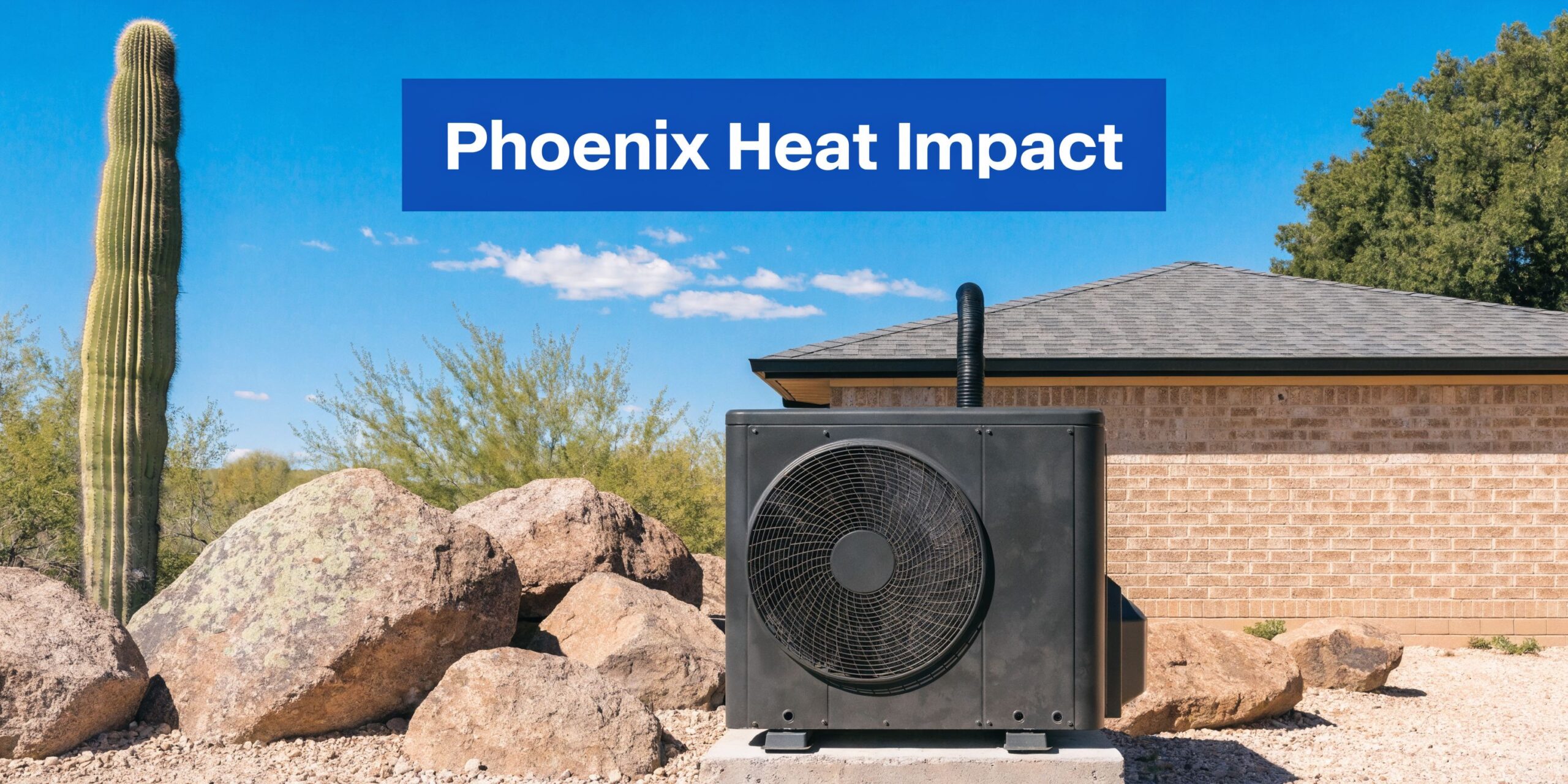 A modern outdoor air conditioning unit sits among desert rocks and a saguaro cactus in Arizona.
