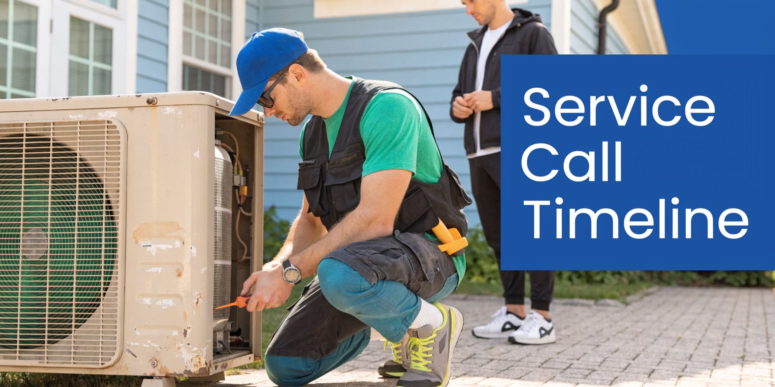 A professional technician wearing a cap kneels while repairing an outdoor air conditioning unit for a client.