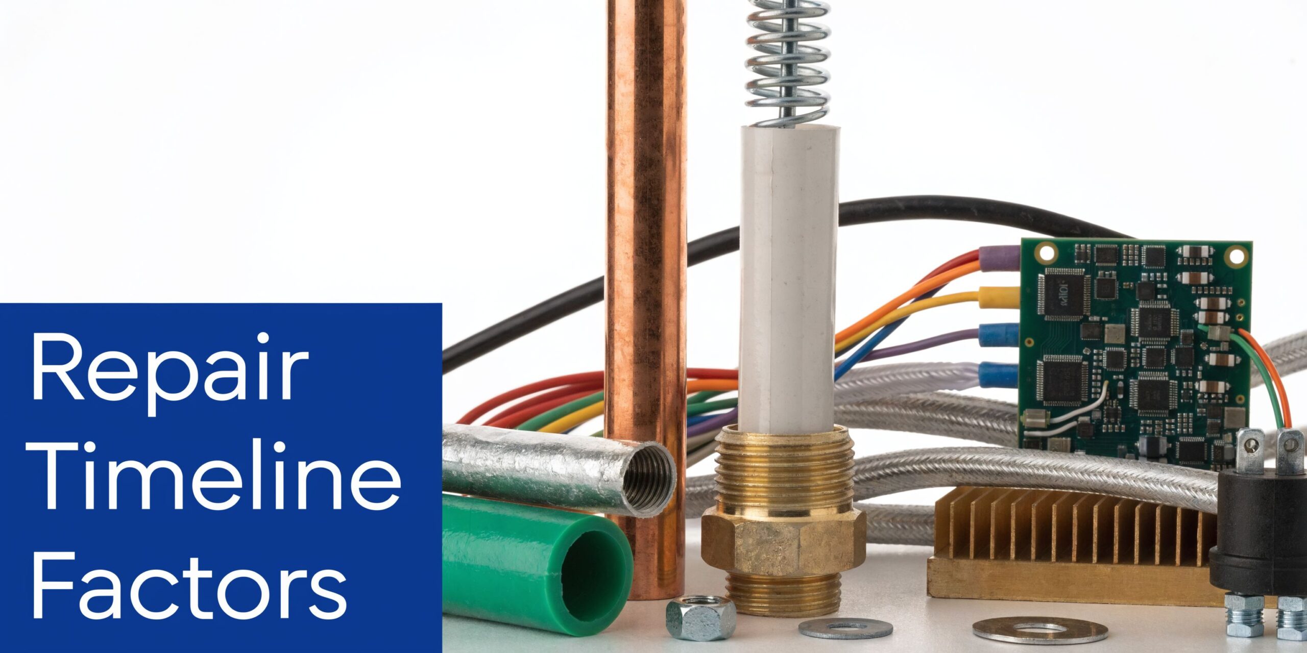 Various construction and repair materials including copper pipes, wires, circuit boards, and connectors on white background.