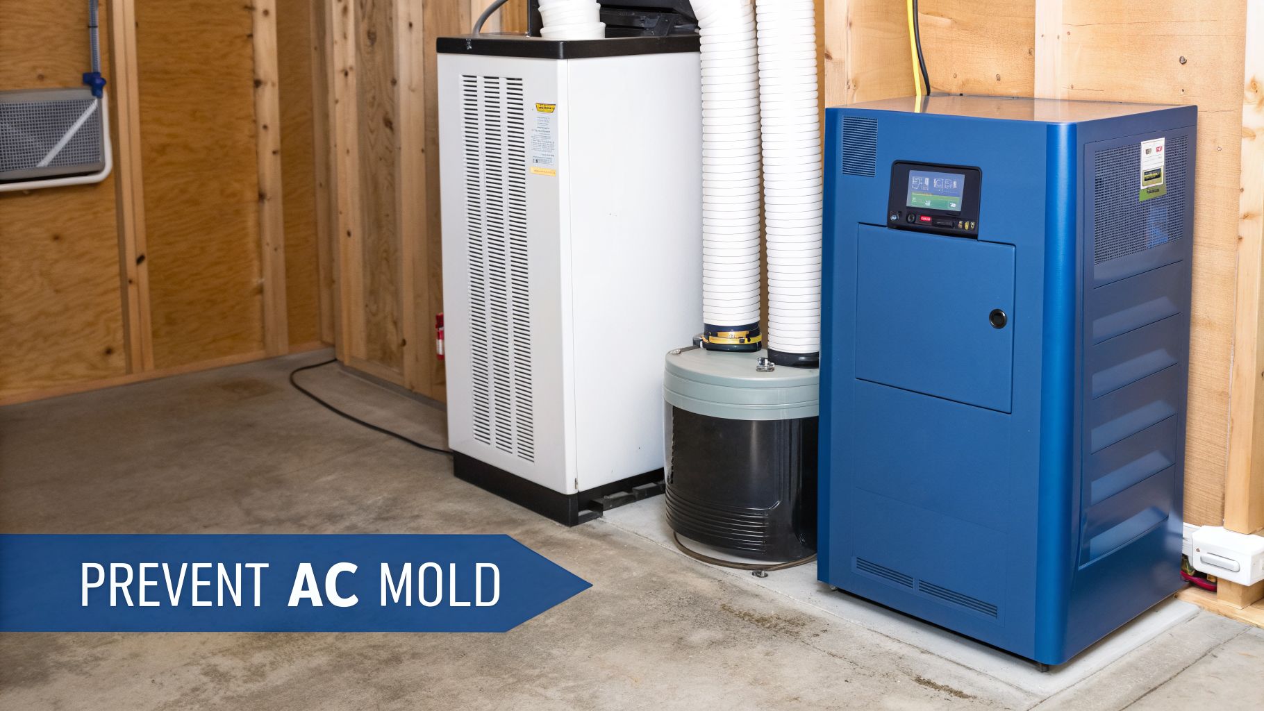 Two HVAC units, one white and one blue, in a utility room with exposed wooden studs and concrete floor.