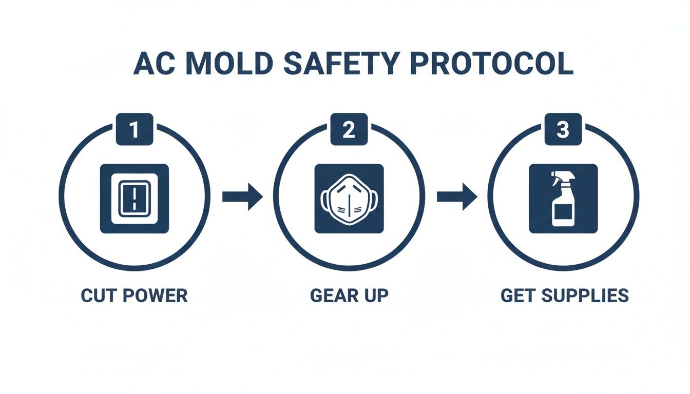 Infographic outlining three steps for AC mold safety: cut power, gear up with a mask, and get cleaning supplies.