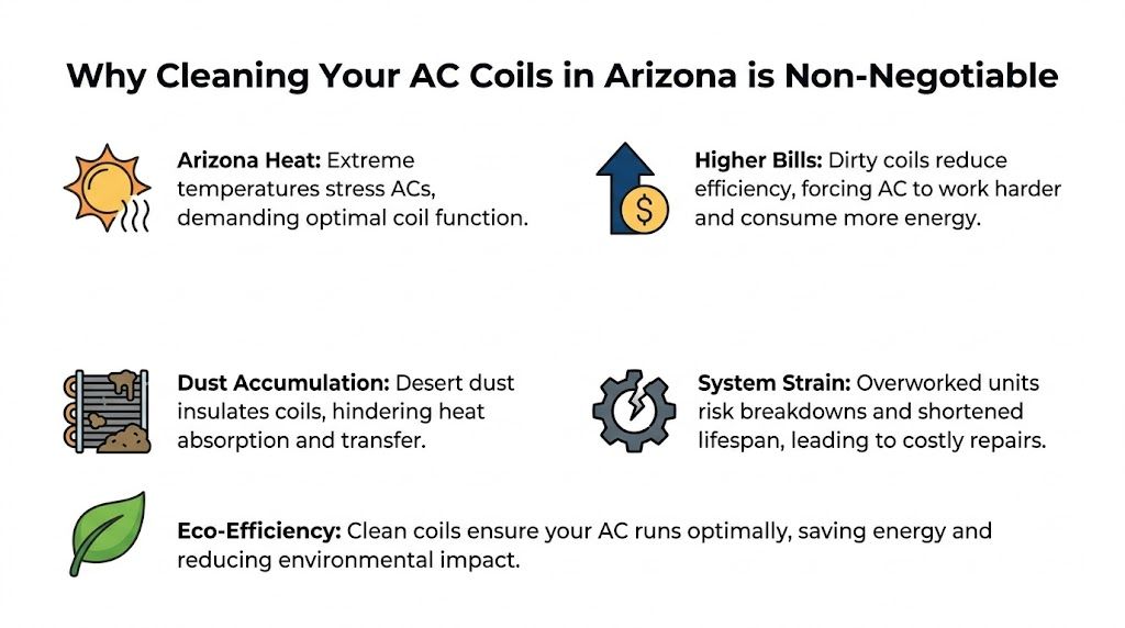 An infographic detailing five key reasons why maintaining clean air conditioning coils is essential in Arizona's climate.