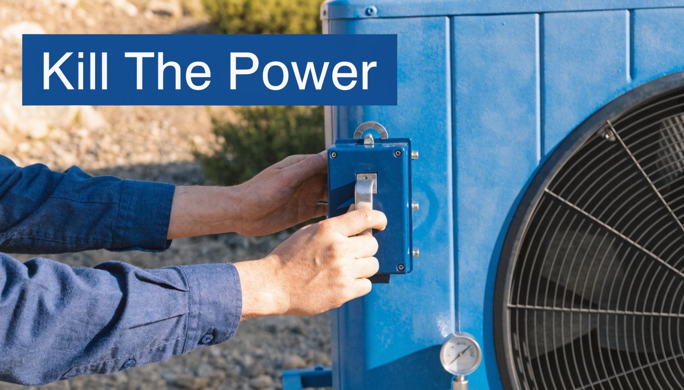 A technician turns off the disconnect switch on a blue outdoor air conditioner unit for maintenance.