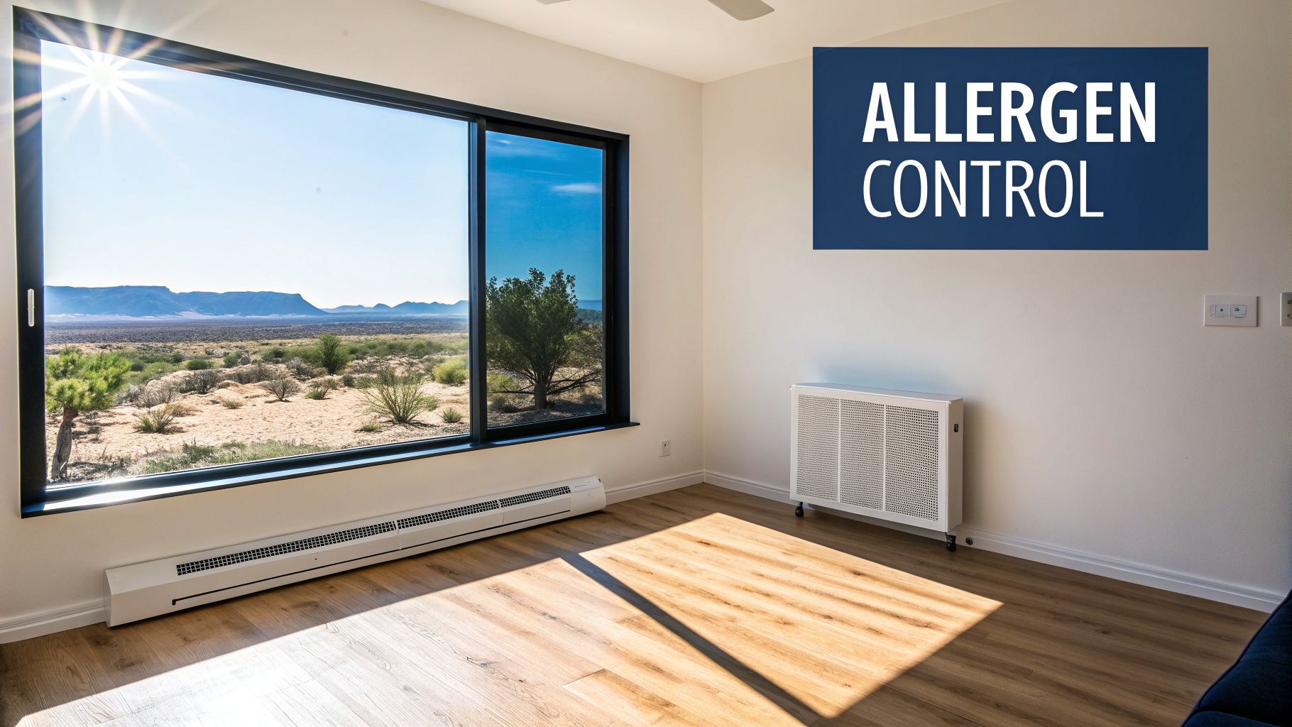 Bright room with wood floors, desert view window, baseboard heater, and 'Allergen Control' sign.
