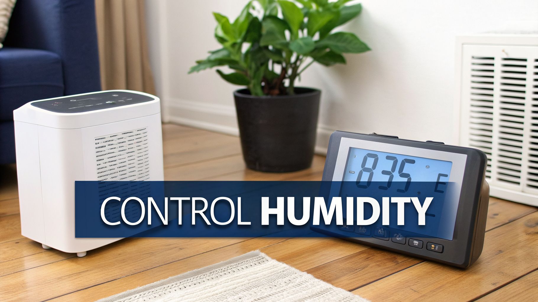 A white dehumidifier and digital display on a wooden floor with a plant, text reads 'CONTROL HUMIDITY'.