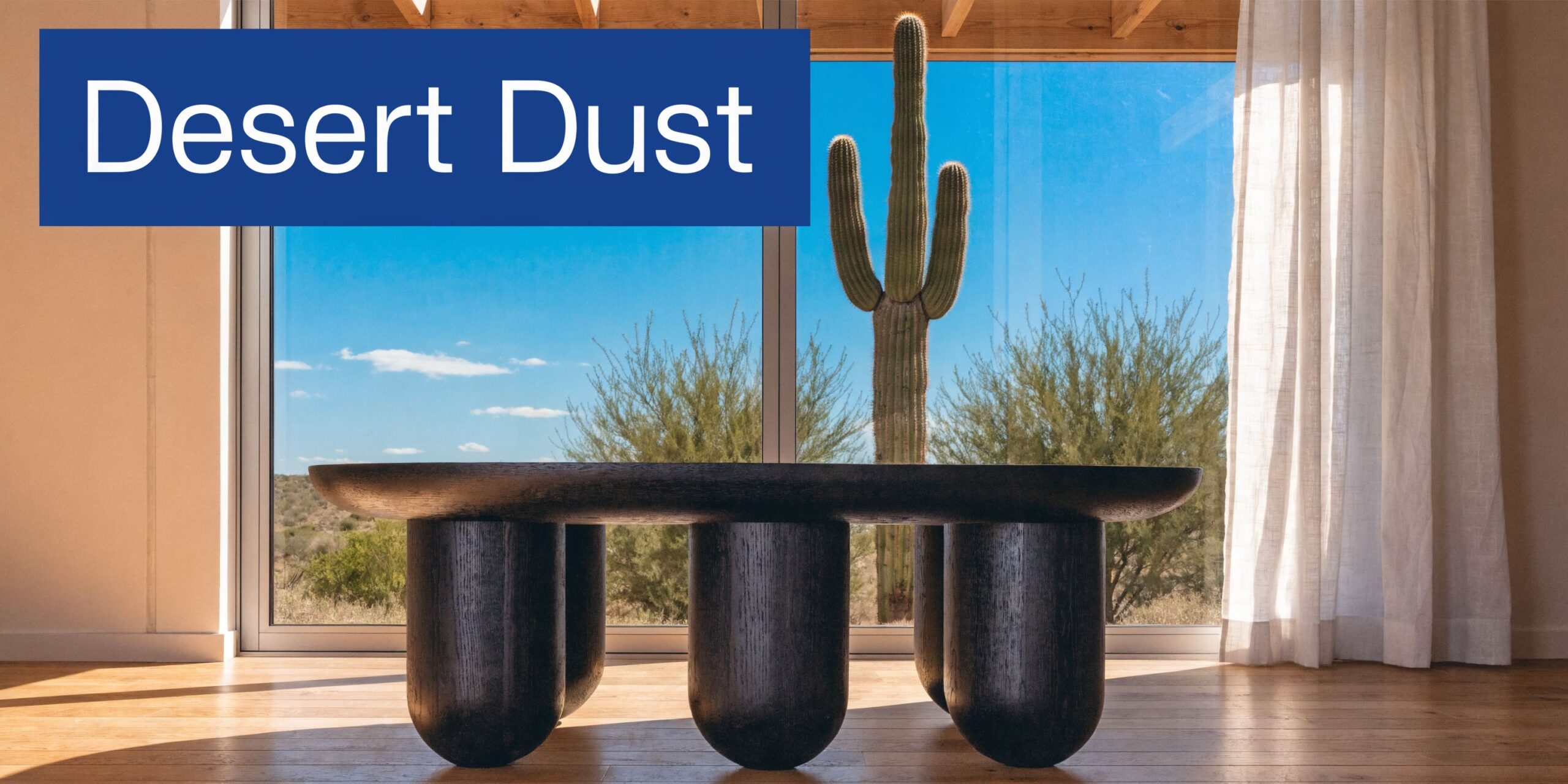 A minimalist dark wooden coffee table placed in a sunlit room featuring a view of desert scenery.