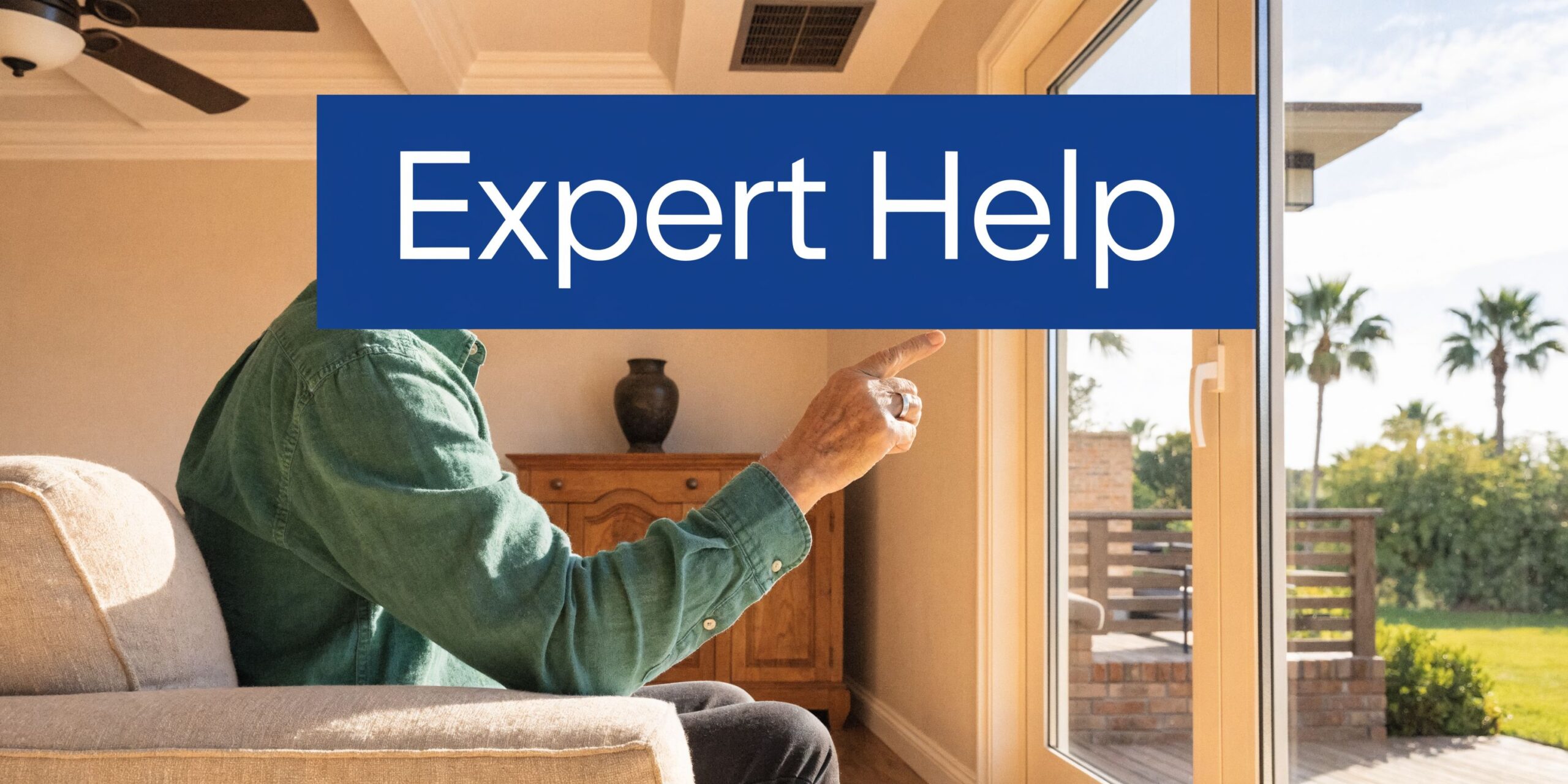 A person sitting in a chair pointing towards a window, representing professional home maintenance and expert help.