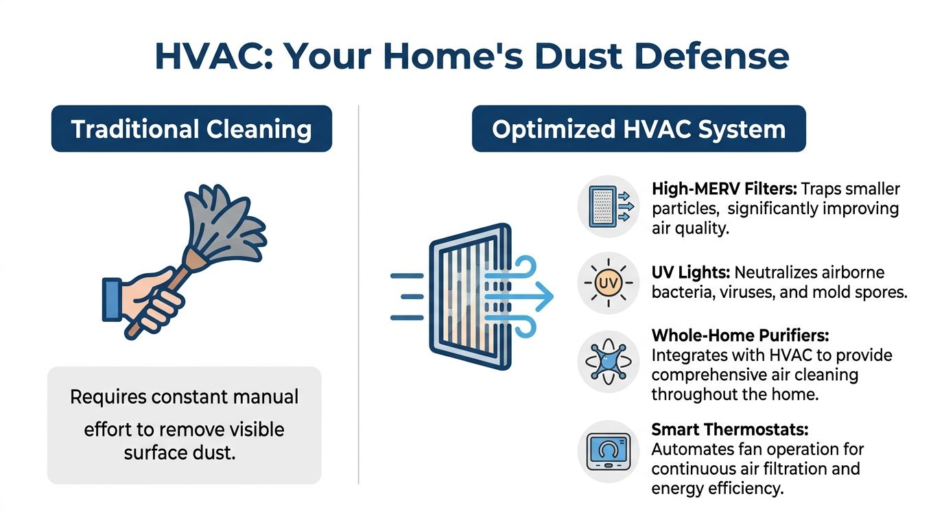 An infographic comparing traditional manual dusting to using an optimized HVAC system for better home air quality.