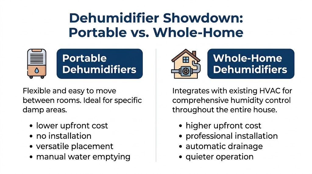 A comparison chart showing the differences between portable dehumidifiers and whole-home dehumidifier systems for indoor climate control.